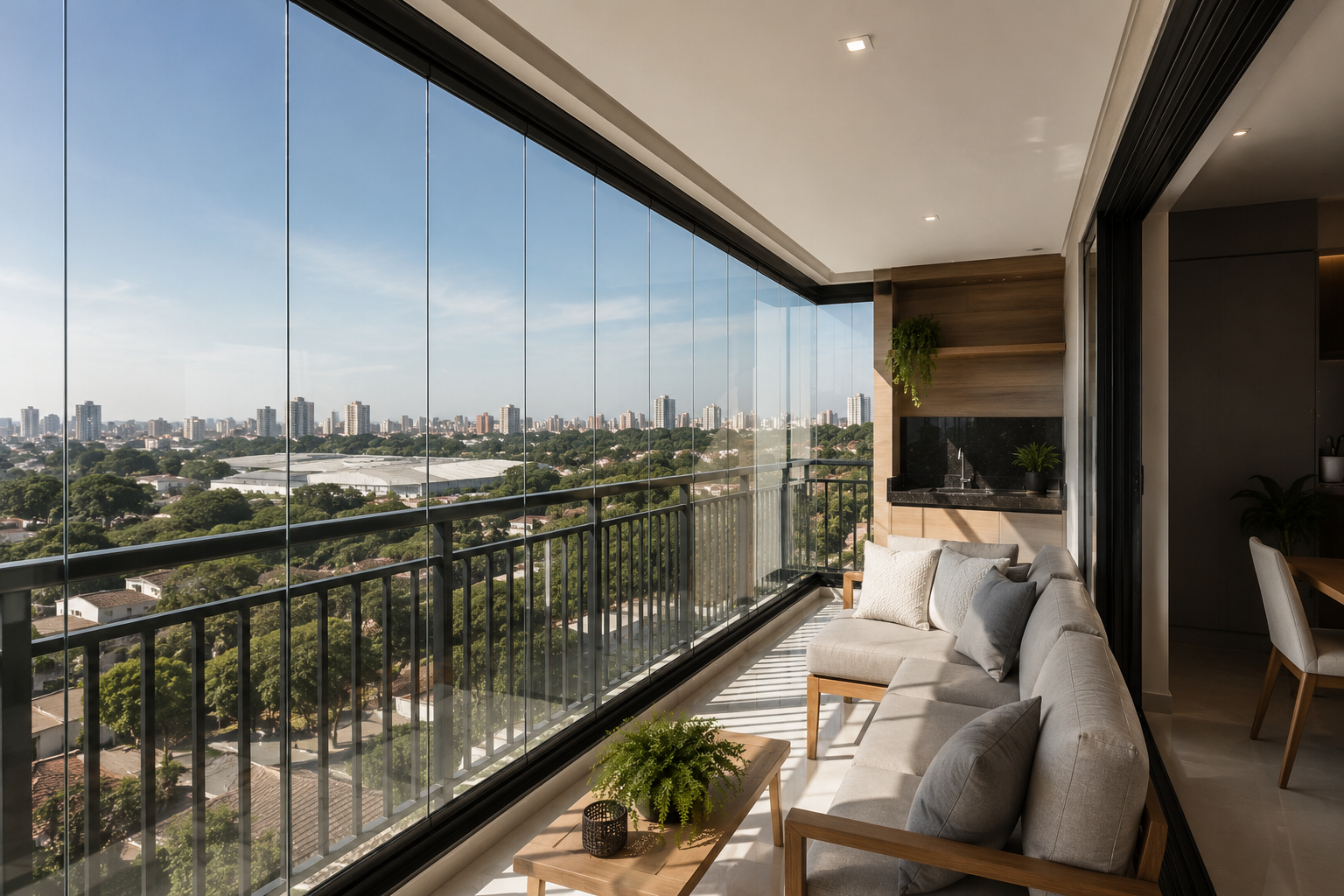 Átrio residencial com estrutura em vidro
